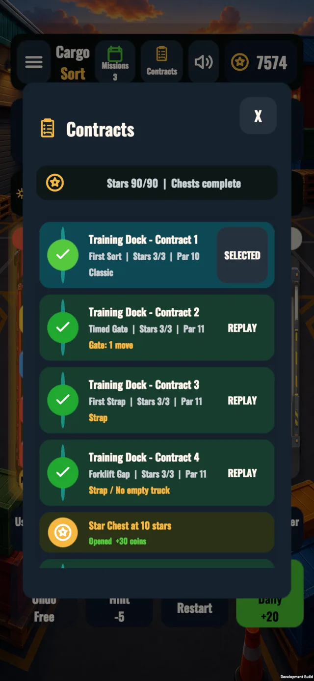 Cargo Sort contract selection showing completed levels and stars