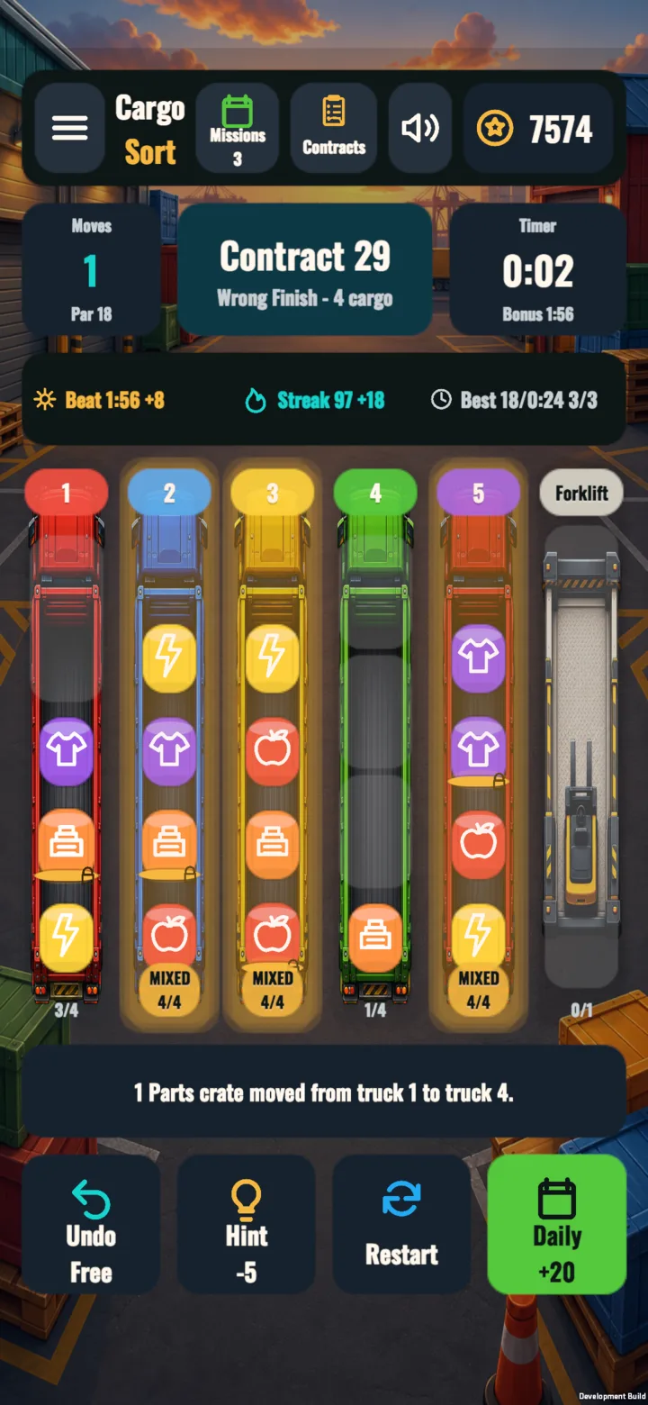 Cargo Sort contract gameplay showing colourful trucks and a crate in a logistics yard