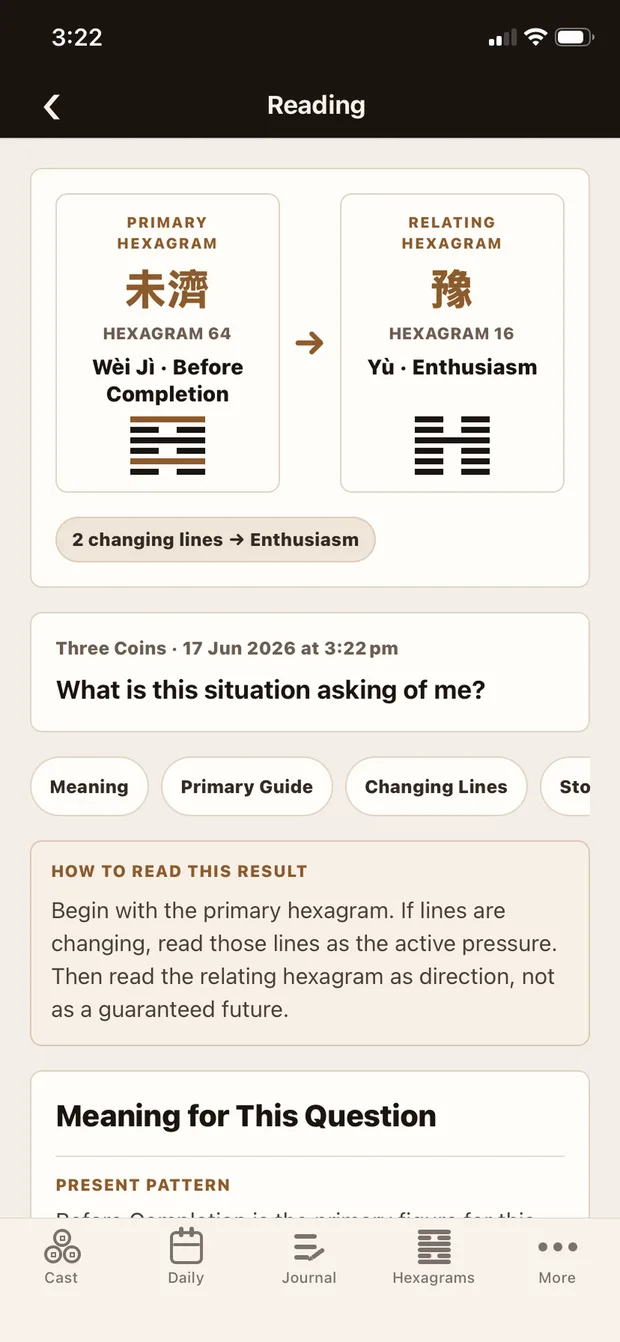 I-Ching Oracle Space mobile reading result